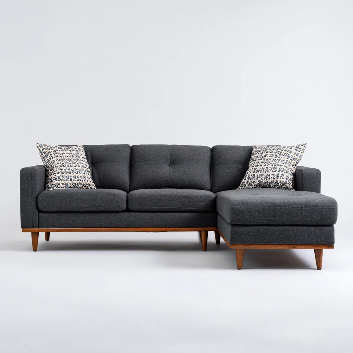 Sofa, Kanapa narożna 3 fotele z krzesełkiem z prawym antracytem 250 x 160 x 85 cm w poliestrze i litym drewnie w kształcie L