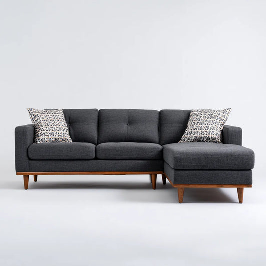 Sofa, Kanapa narożna 3 fotele z krzesełkiem z prawym antracytem 250 x 160 x 85 cm w poliestrze i litym drewnie w kształcie L
