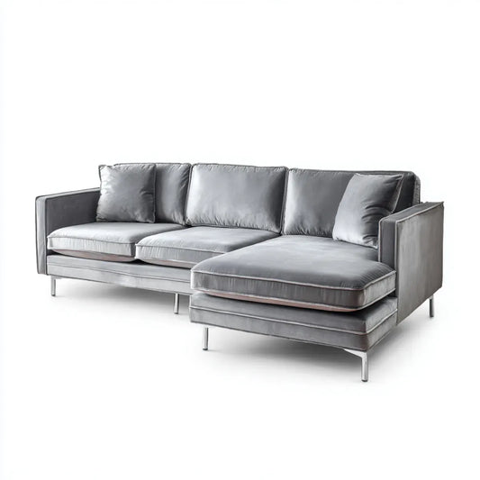 Sofa, Kanapa narożna z półwyspem 3 miejsca szare w aksamicie poliestrowym 260 x 160 x 85 cm