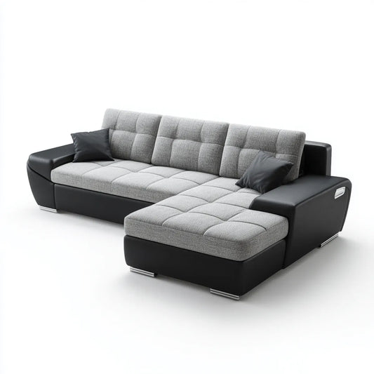 Sofa, Rożna sofa 4 miejsca szare i czarne 270 x 165 x 90 cm w poliestrze i ze skóry PU
