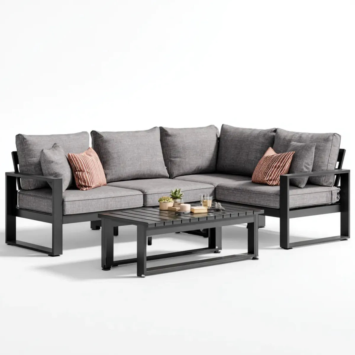 Sofa ogrodowa, Taras Lounge- Zestaw narożna kanapa z tabeli kawy antracyt aluminiowy poliester prostokątna 210 x 210 x 68 cm
