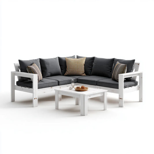 Sofa ogrodowa, Ogród Lounge zestaw narożnik Sofa Biała 4-osobowy lite drewno sosna kształt litery 140 x 140 x 67 cm z stolik kawowy 60 x 60 x 36 cm