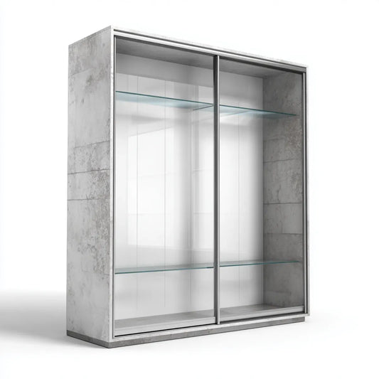 Szafa szklana z bramami przesuwanymi szary beton 120 x 45 x 180 cm panele z elementów i prostokątne szkło hartowane